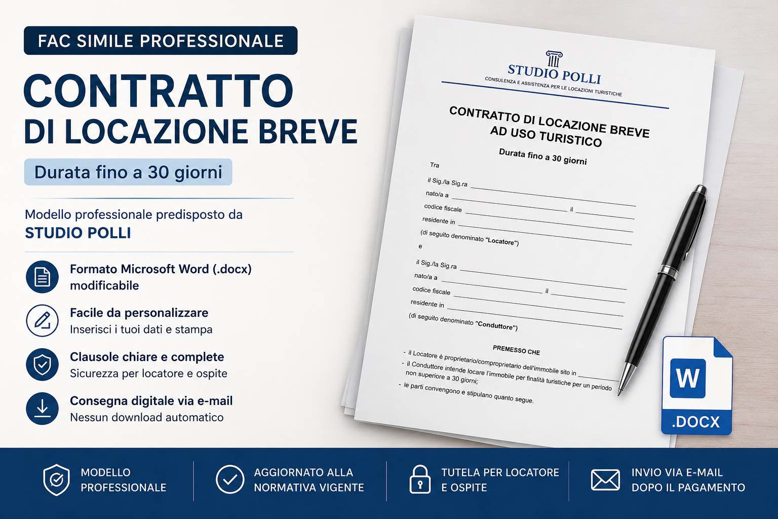 Fac simile professionale del contratto di locazione breve ad uso turistico fino a 30 giorni predisposto da Studio Polli